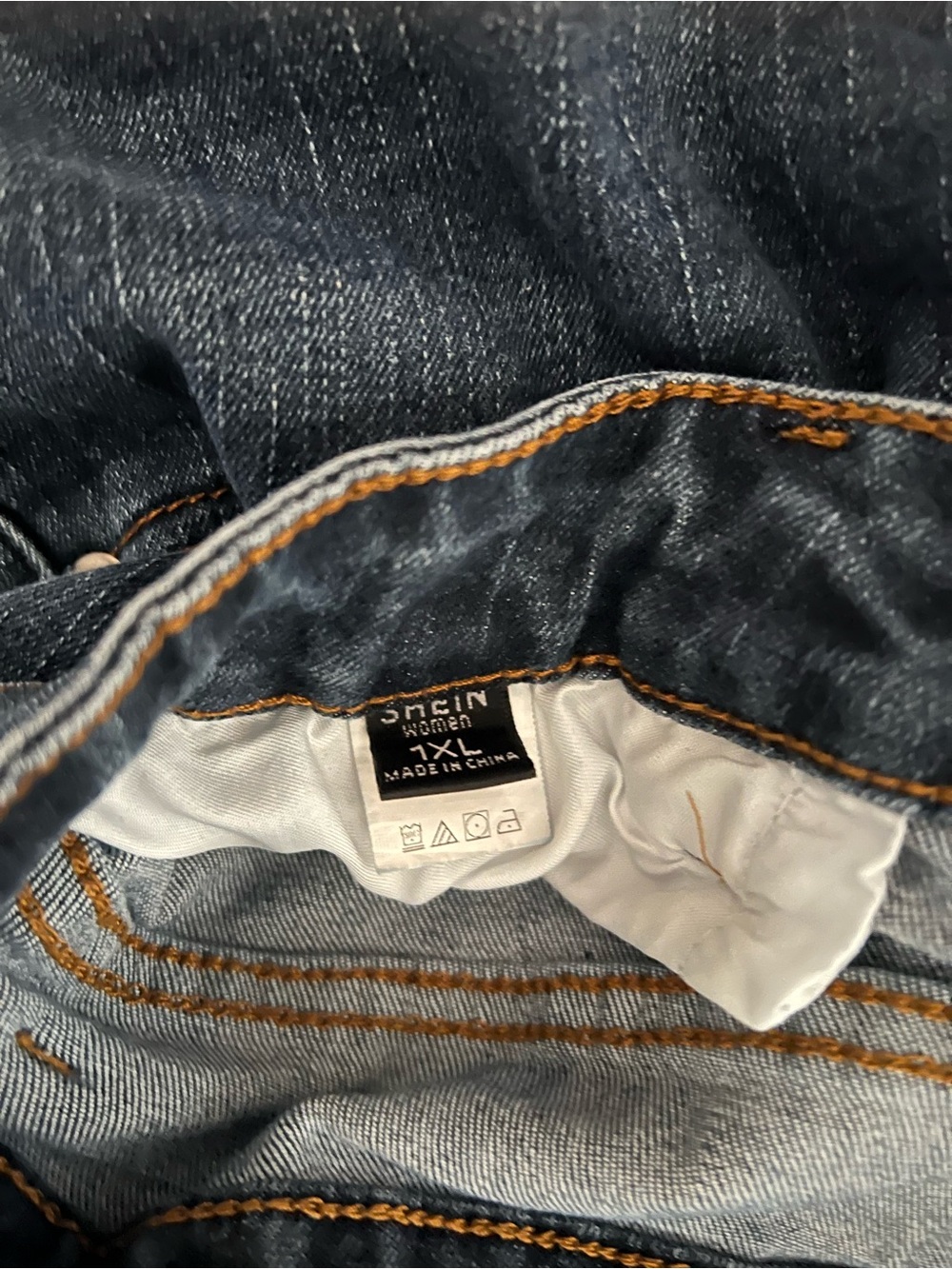 SHEIN Dark Blue Denim Jean Shorts with Orange Stitching